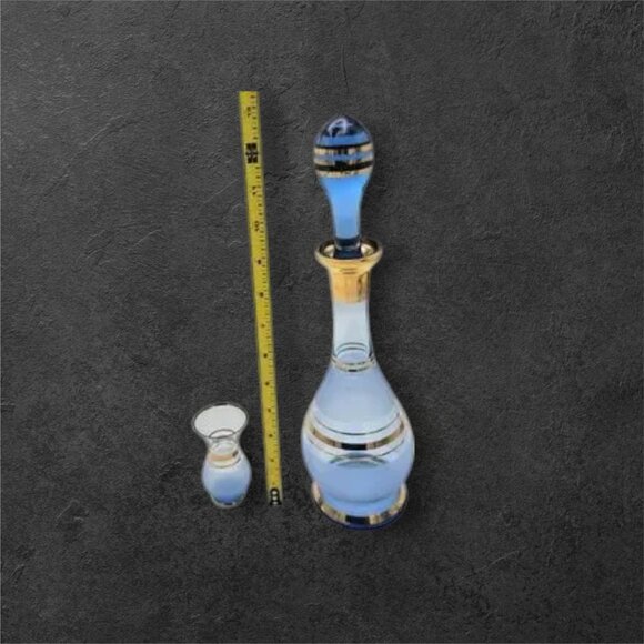 Vintage Bohemia Decanter Set with 6 Glasses Frosted Blue with Gold Gilt Trim - Picture 11 of 14